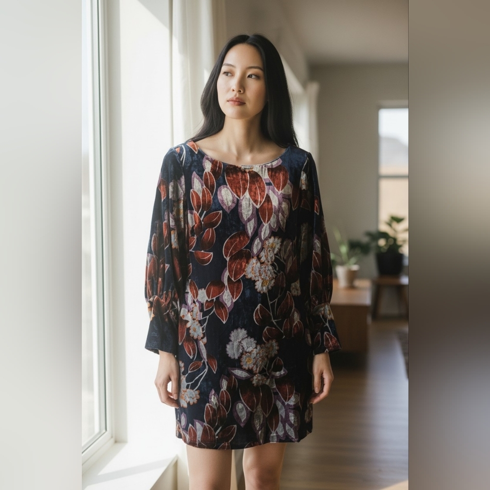 Ann Taylor Navy Blue Long Sleeve Velvet Floral Dress Sz 8 Petite